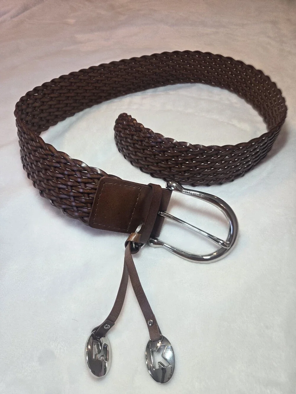 Michael Kors Brown Leather Braided Belt With Silver Charms Small